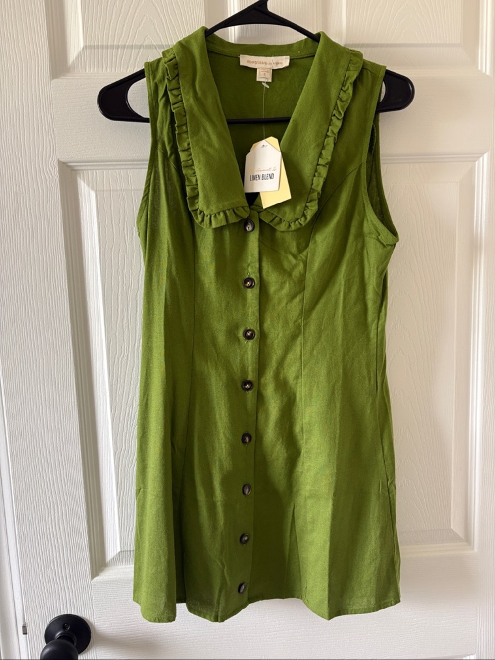 Sleeveless Olive Green Linen-Blend Button Front Dress with Ruffled Collar